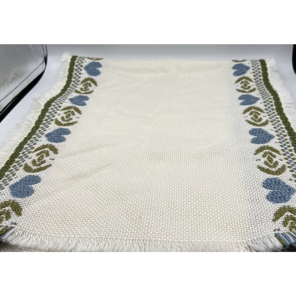 Placemats Runner 1 White Blue Hearts Fringed Cotton Poly blend 38 x 15 Inches